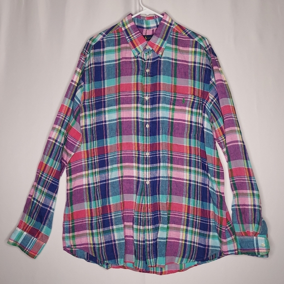 Ralph Lauren Linen Button Shirt Mens XL Plaid Collar Long Sleeve Multicolor - Picture 1 of 9